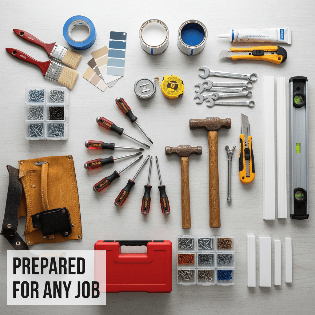 Organized collection of professional handyman tools, supplies, and materials arranged overhead, showcasing comprehensive repair capabilities
