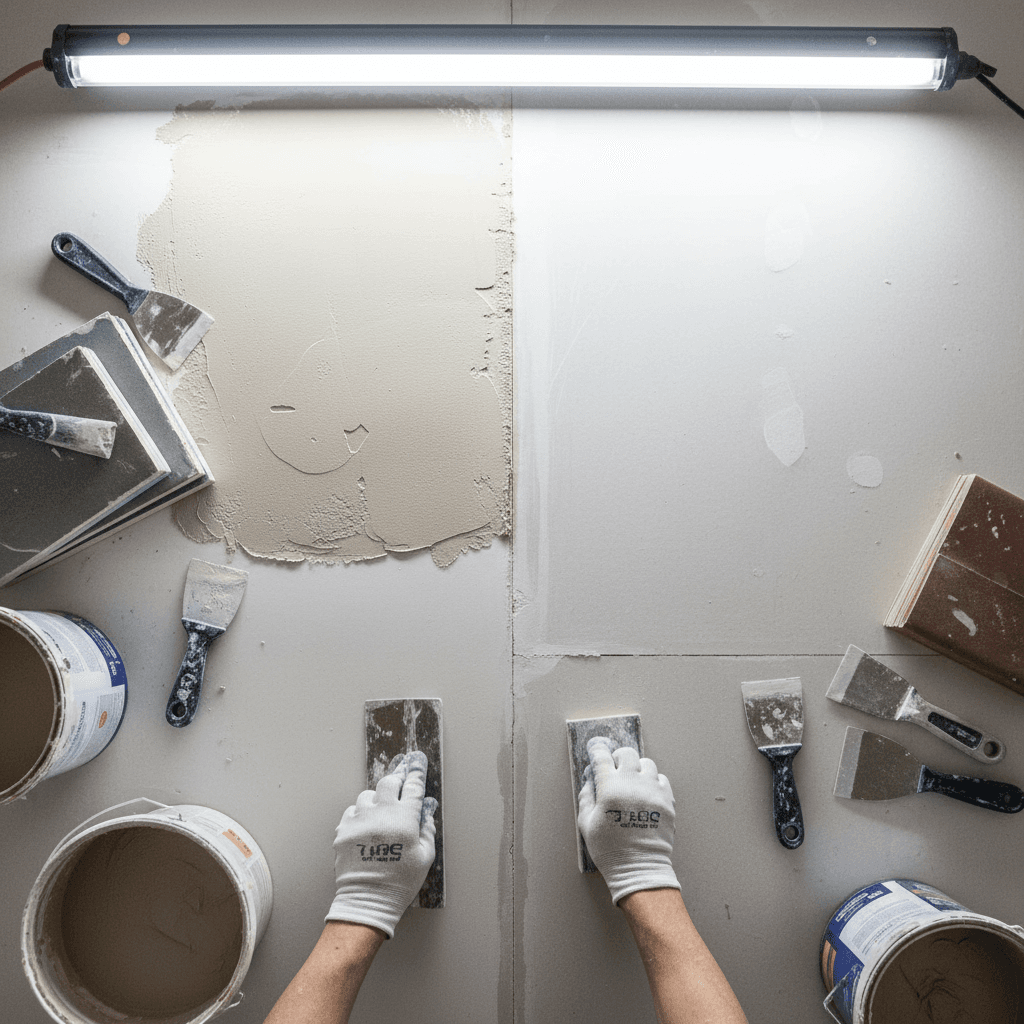 Painter's hands using putty knife and sanding tools during detailed drywall surface preparation work