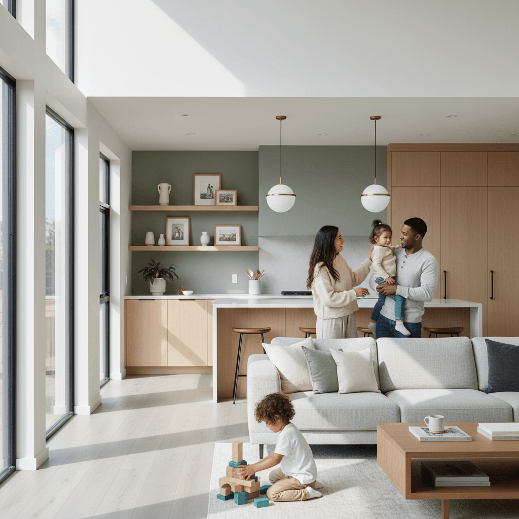 Modern living room with diverse family enjoying natural light, contemporary furniture, and open-concept kitchen design